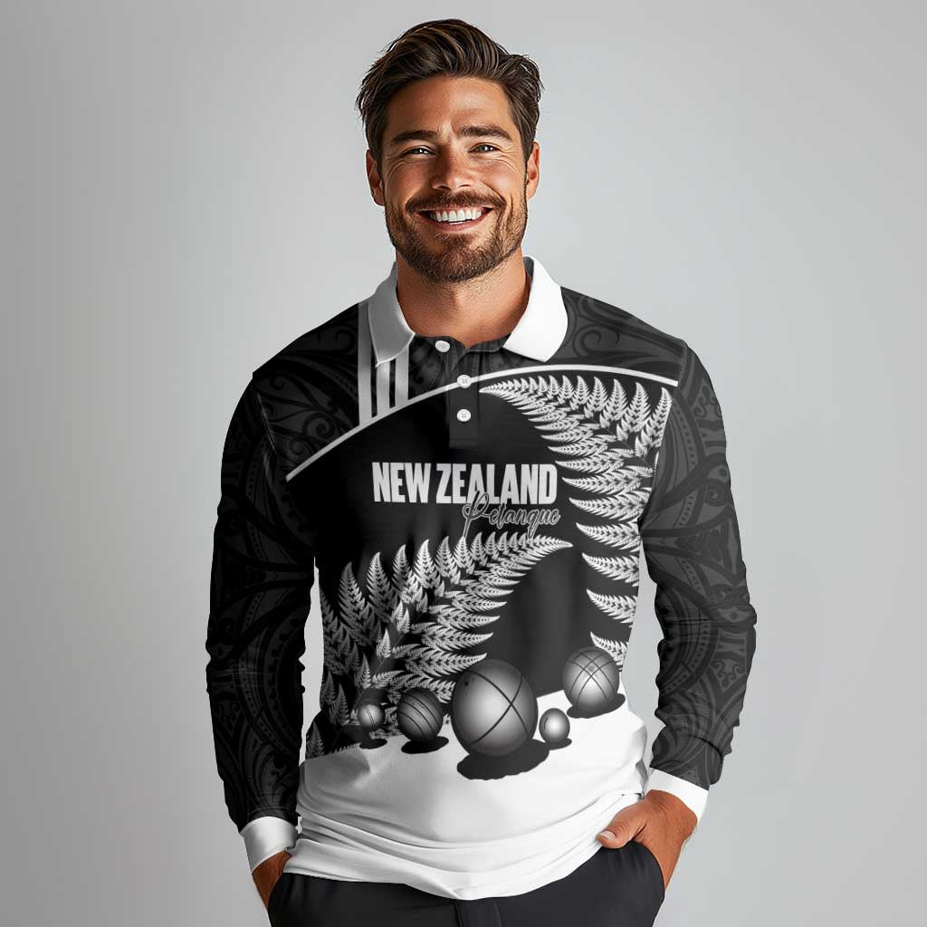 Custom New Zealand Silver Fern Petanque Long Sleeve Polo Shirt Aotearoa Maori Pattern