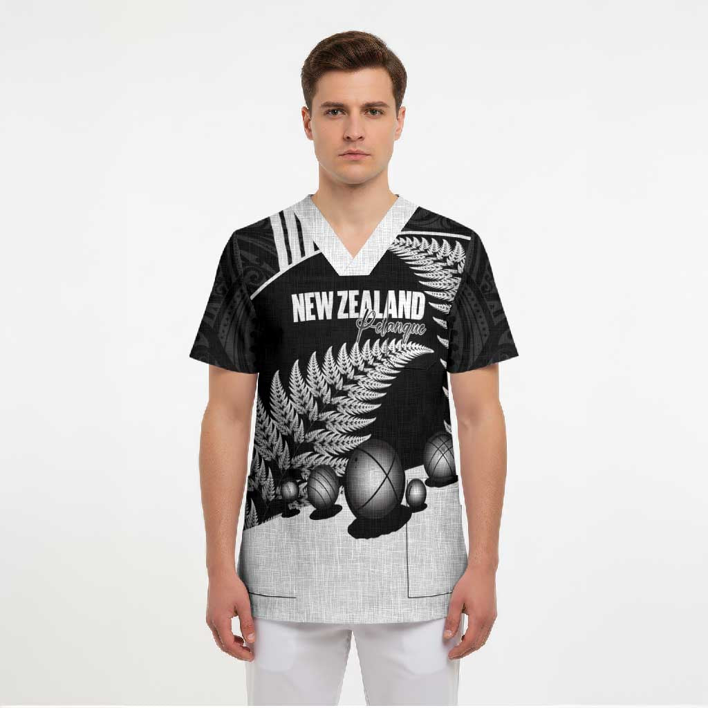 Custom New Zealand Silver Fern Petanque Scrub Top Aotearoa Maori Pattern