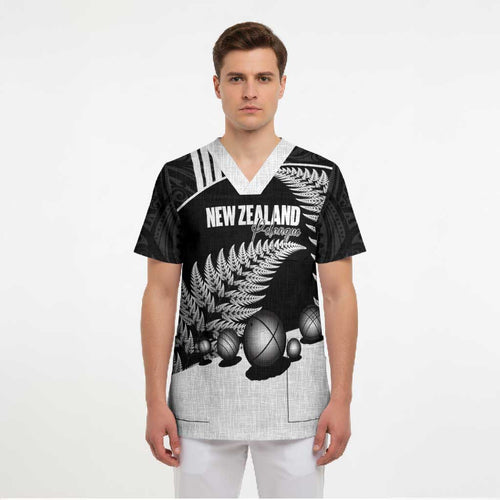 Custom New Zealand Silver Fern Petanque Scrub Top Aotearoa Maori Pattern