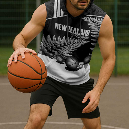 Custom New Zealand Silver Fern Petanque Sleeveless Hoodie Aotearoa Maori Pattern