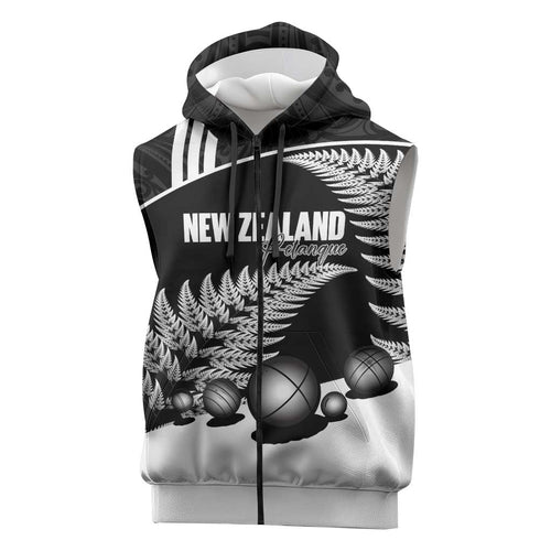 Custom New Zealand Silver Fern Petanque Sleeveless Zip Hoodie Aotearoa Maori Pattern