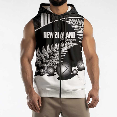 Custom New Zealand Silver Fern Petanque Sleeveless Zip Hoodie Aotearoa Maori Pattern