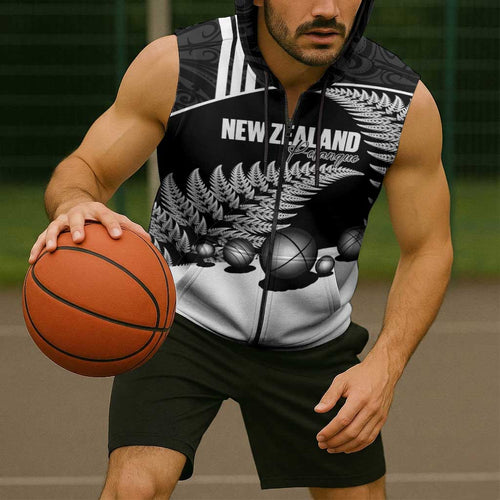Custom New Zealand Silver Fern Petanque Sleeveless Zip Hoodie Aotearoa Maori Pattern