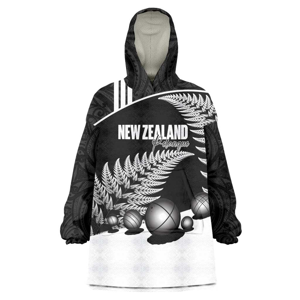 Custom New Zealand Silver Fern Petanque Wearable Blanket Hoodie Aotearoa Maori Pattern