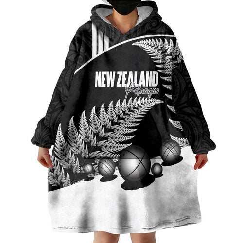 Custom New Zealand Silver Fern Petanque Wearable Blanket Hoodie Aotearoa Maori Pattern