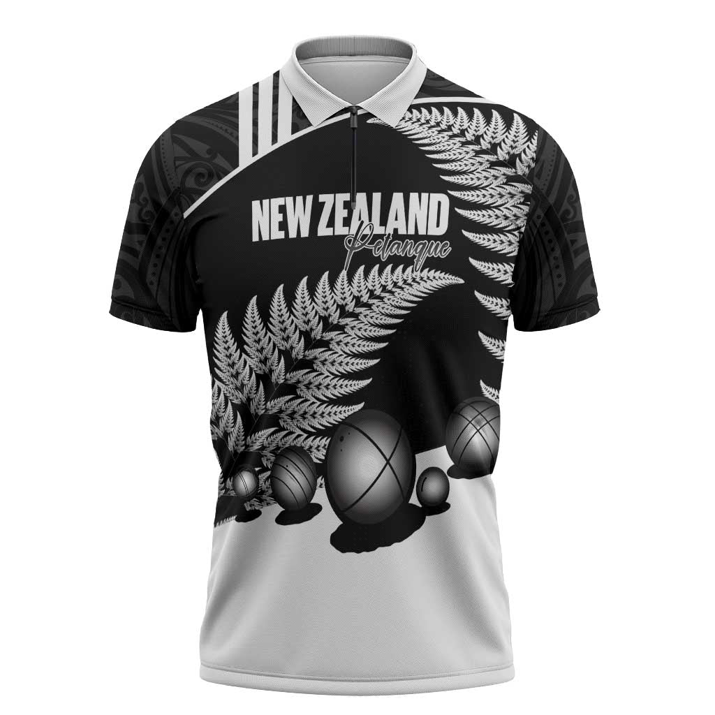 Custom New Zealand Silver Fern Petanque Zipper Polo Shirt Aotearoa Maori Pattern