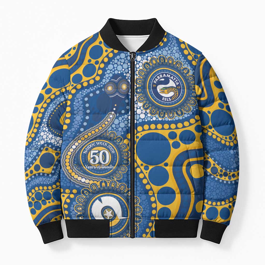 Eels NAIDOC Week 2026 Personalised Bomber Puffer Jacket 50 Years of Deadly Aboriginal Art