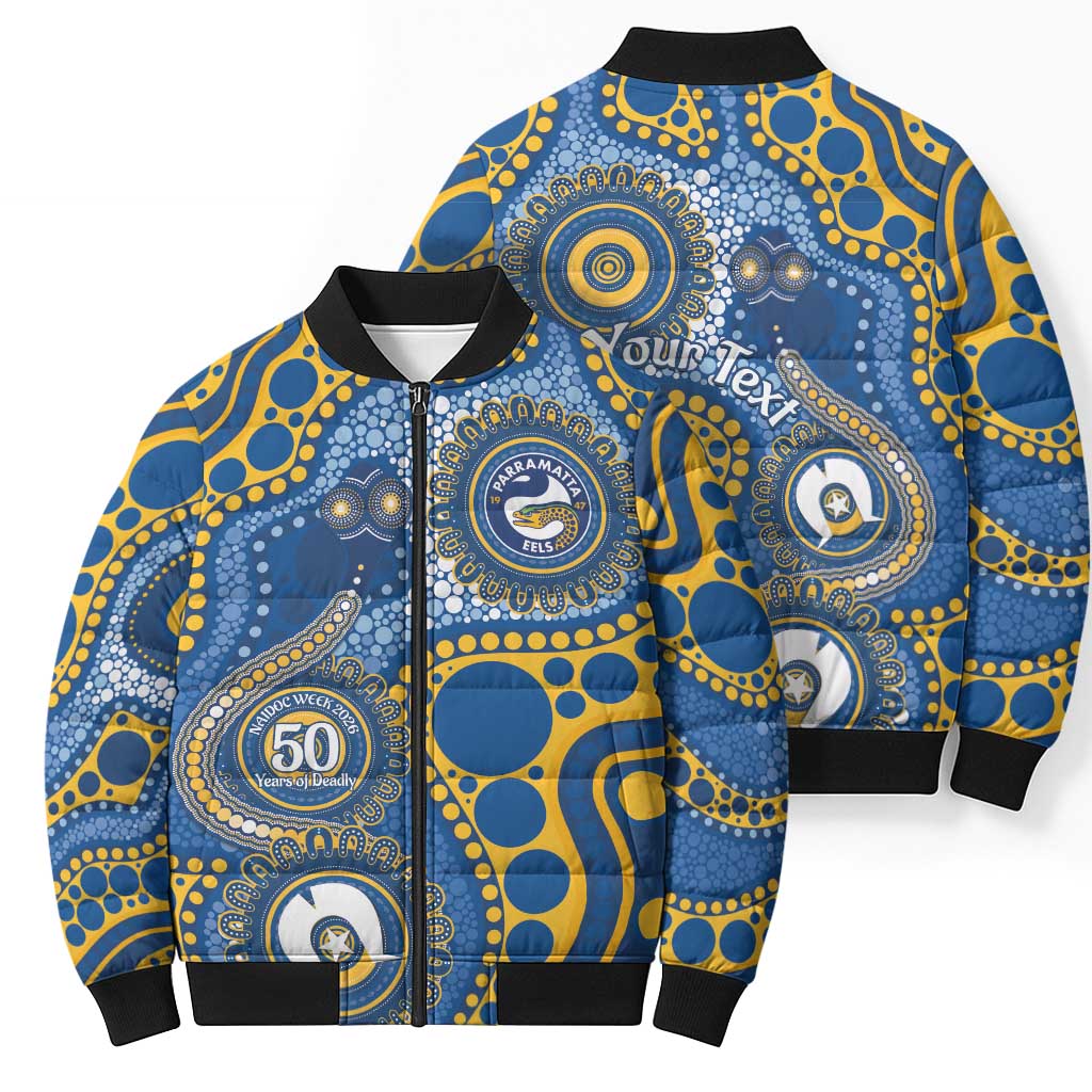 Eels NAIDOC Week 2026 Personalised Bomber Puffer Jacket 50 Years of Deadly Aboriginal Art
