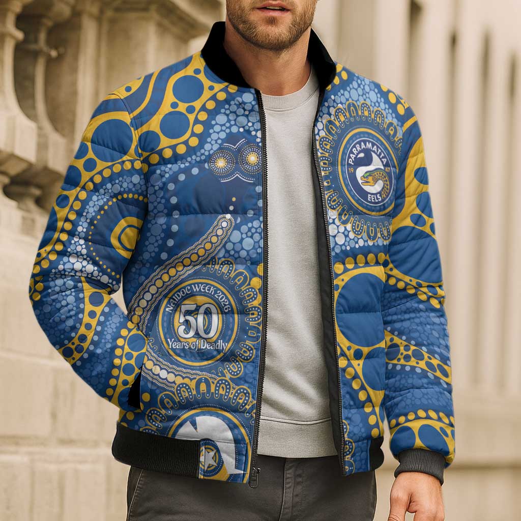 Eels NAIDOC Week 2026 Personalised Bomber Puffer Jacket 50 Years of Deadly Aboriginal Art