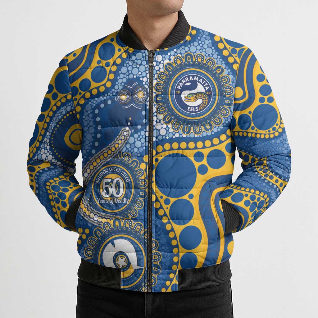 Eels NAIDOC Week 2026 Personalised Bomber Puffer Jacket 50 Years of Deadly Aboriginal Art