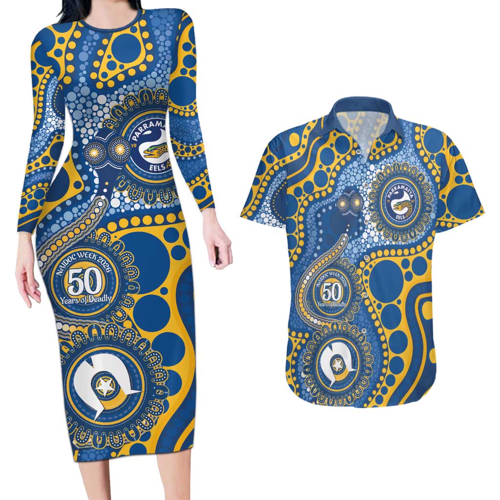 Eels NAIDOC Week 2026 Personalised Couples Matching Long Sleeve Bodycon Dress and Hawaiian Shirt 50 Years of Deadly Aboriginal Art
