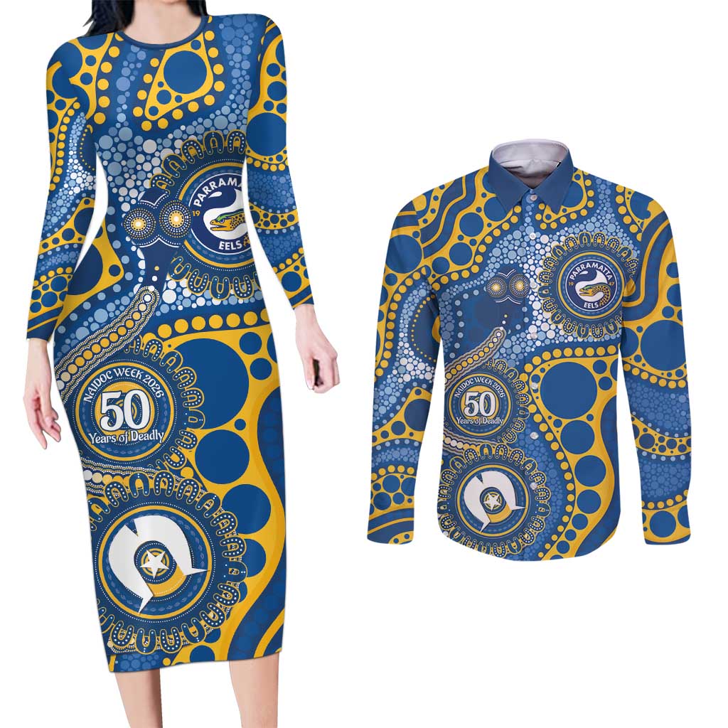 Eels NAIDOC Week 2026 Personalised Couples Matching Long Sleeve Bodycon Dress and Long Sleeve Button Shirt 50 Years of Deadly Aboriginal Art