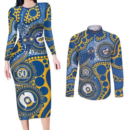 Eels NAIDOC Week 2026 Personalised Couples Matching Long Sleeve Bodycon Dress and Long Sleeve Button Shirt 50 Years of Deadly Aboriginal Art
