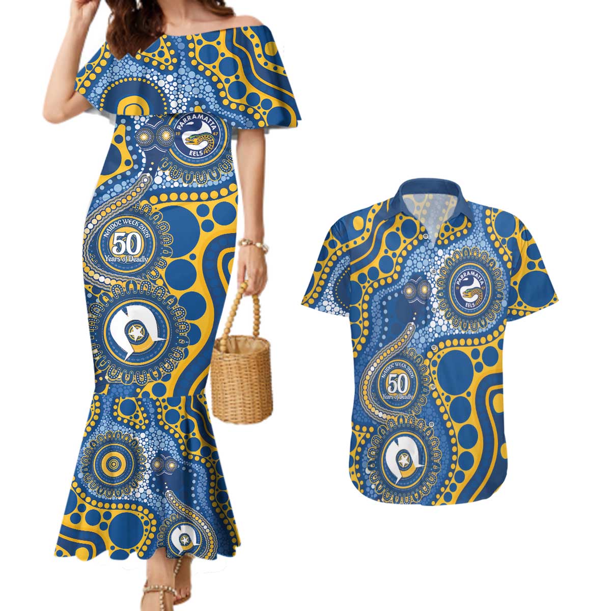 Eels NAIDOC Week 2026 Personalised Couples Matching Mermaid Dress and Hawaiian Shirt 50 Years of Deadly Aboriginal Art
