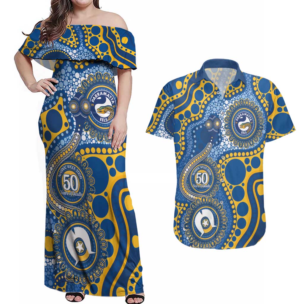 Eels NAIDOC Week 2026 Personalised Couples Matching Off Shoulder Maxi Dress and Hawaiian Shirt 50 Years of Deadly Aboriginal Art