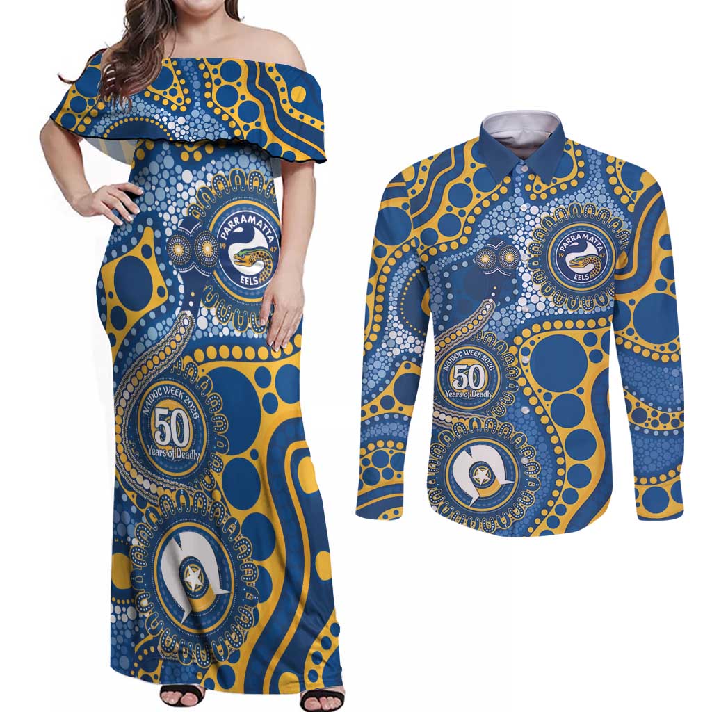 Eels NAIDOC Week 2026 Personalised Couples Matching Off Shoulder Maxi Dress and Long Sleeve Button Shirt 50 Years of Deadly Aboriginal Art