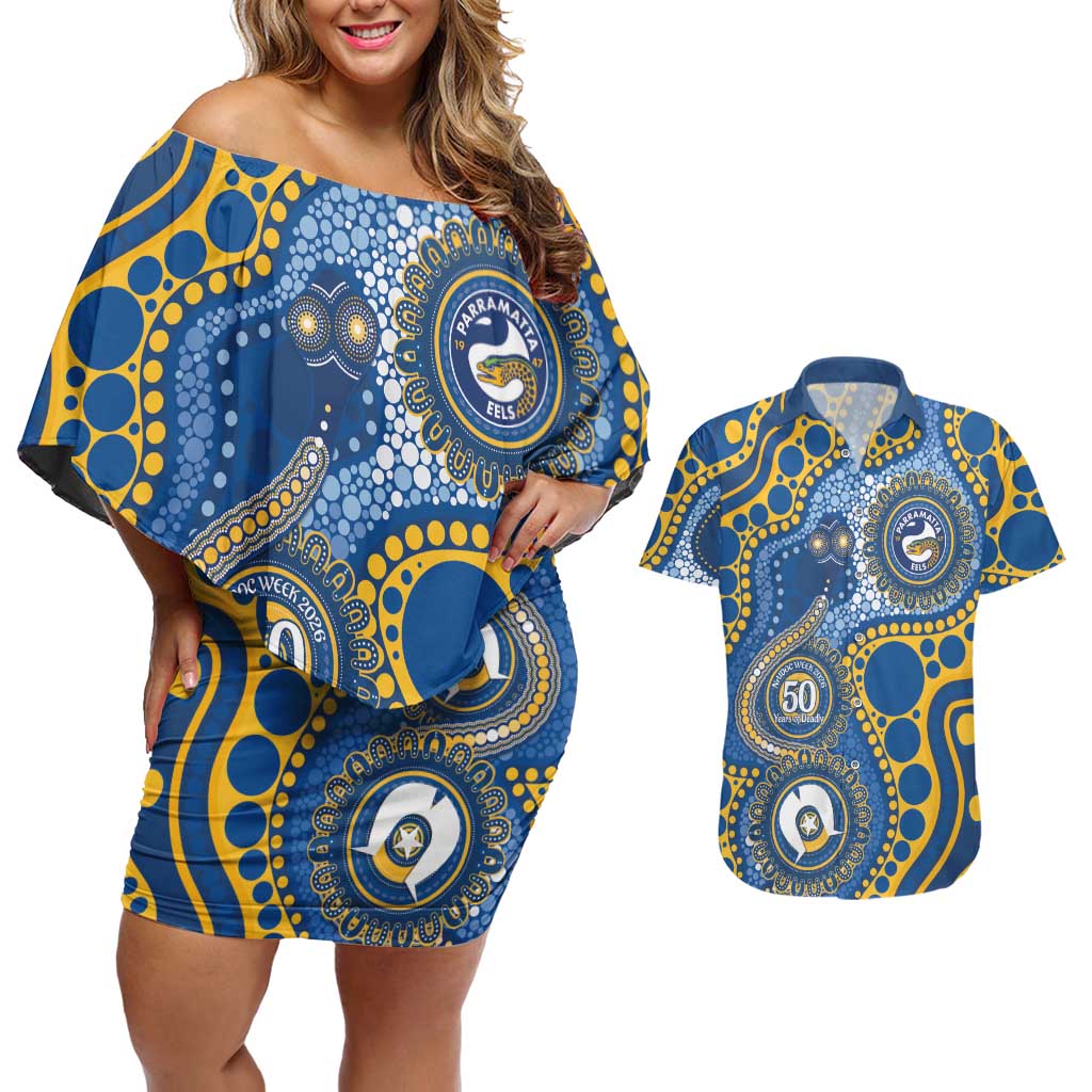 Eels NAIDOC Week 2026 Personalised Couples Matching Off Shoulder Short Dress and Hawaiian Shirt 50 Years of Deadly Aboriginal Art