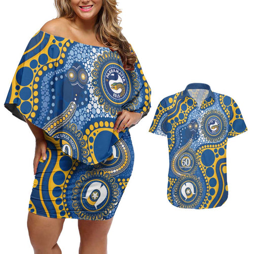 Eels NAIDOC Week 2026 Personalised Couples Matching Off Shoulder Short Dress and Hawaiian Shirt 50 Years of Deadly Aboriginal Art