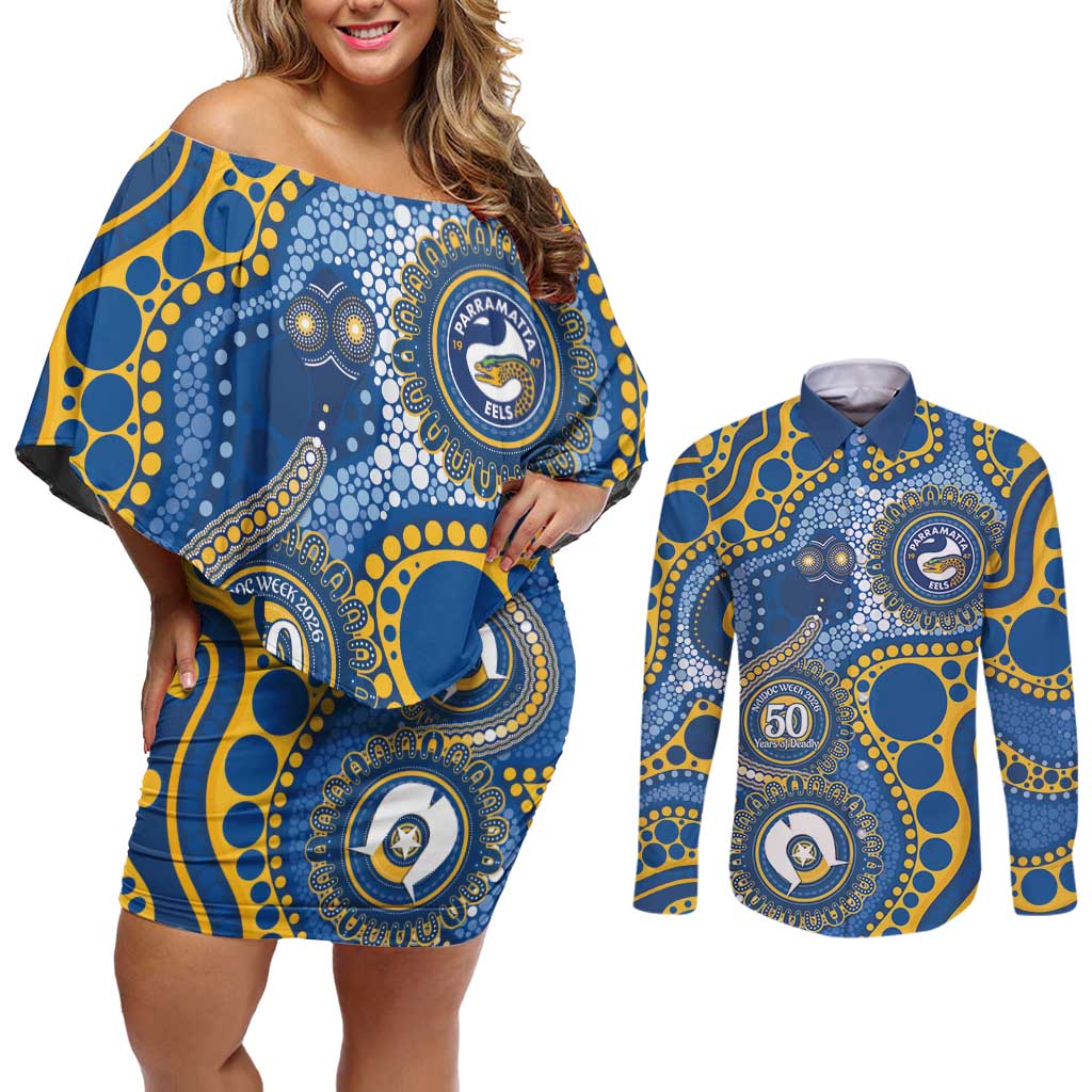 Eels NAIDOC Week 2026 Personalised Couples Matching Off Shoulder Short Dress and Long Sleeve Button Shirt 50 Years of Deadly Aboriginal Art