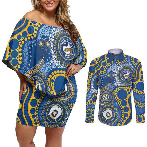 Eels NAIDOC Week 2026 Personalised Couples Matching Off Shoulder Short Dress and Long Sleeve Button Shirt 50 Years of Deadly Aboriginal Art