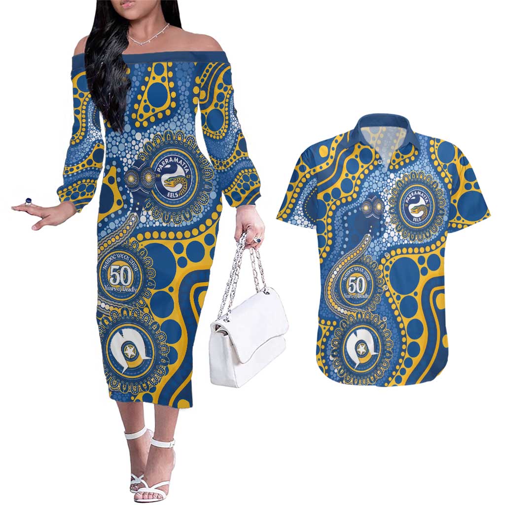 Eels NAIDOC Week 2026 Personalised Couples Matching Off The Shoulder Long Sleeve Dress and Hawaiian Shirt 50 Years of Deadly Aboriginal Art