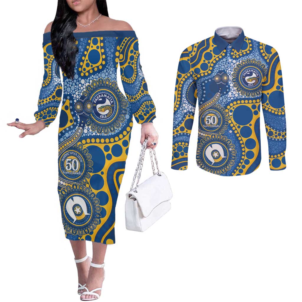Eels NAIDOC Week 2026 Personalised Couples Matching Off The Shoulder Long Sleeve Dress and Long Sleeve Button Shirt 50 Years of Deadly Aboriginal Art
