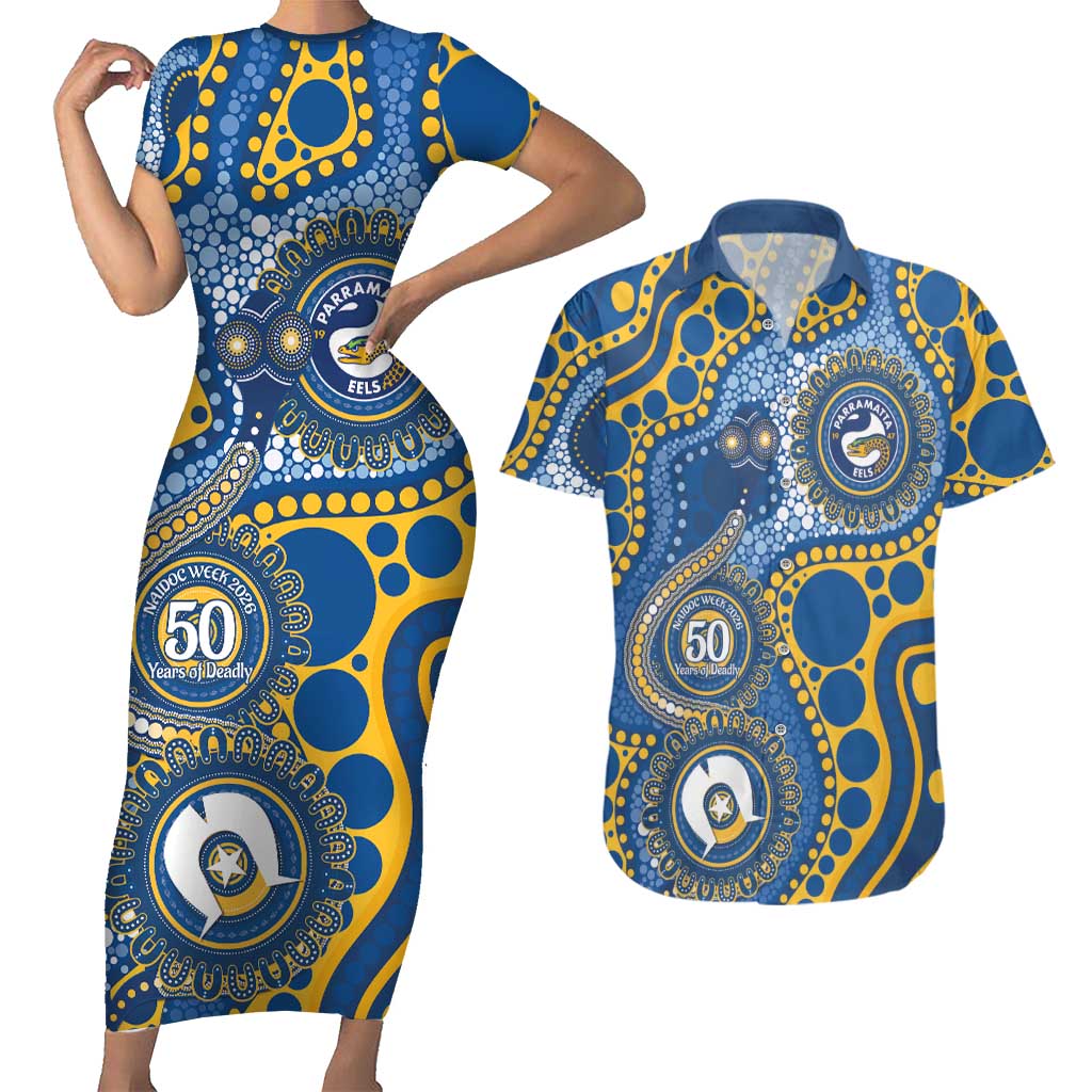 Eels NAIDOC Week 2026 Personalised Couples Matching Short Sleeve Bodycon Dress and Hawaiian Shirt 50 Years of Deadly Aboriginal Art