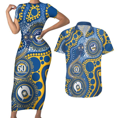 Eels NAIDOC Week 2026 Personalised Couples Matching Short Sleeve Bodycon Dress and Hawaiian Shirt 50 Years of Deadly Aboriginal Art