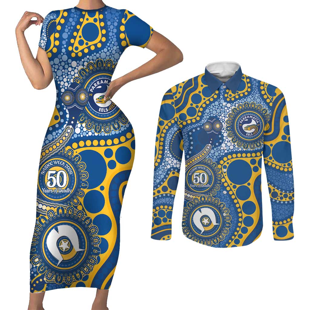 Eels NAIDOC Week 2026 Personalised Couples Matching Short Sleeve Bodycon Dress and Long Sleeve Button Shirt 50 Years of Deadly Aboriginal Art