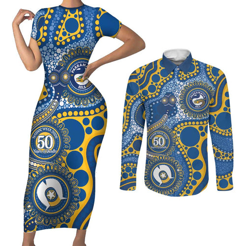 Eels NAIDOC Week 2026 Personalised Couples Matching Short Sleeve Bodycon Dress and Long Sleeve Button Shirt 50 Years of Deadly Aboriginal Art