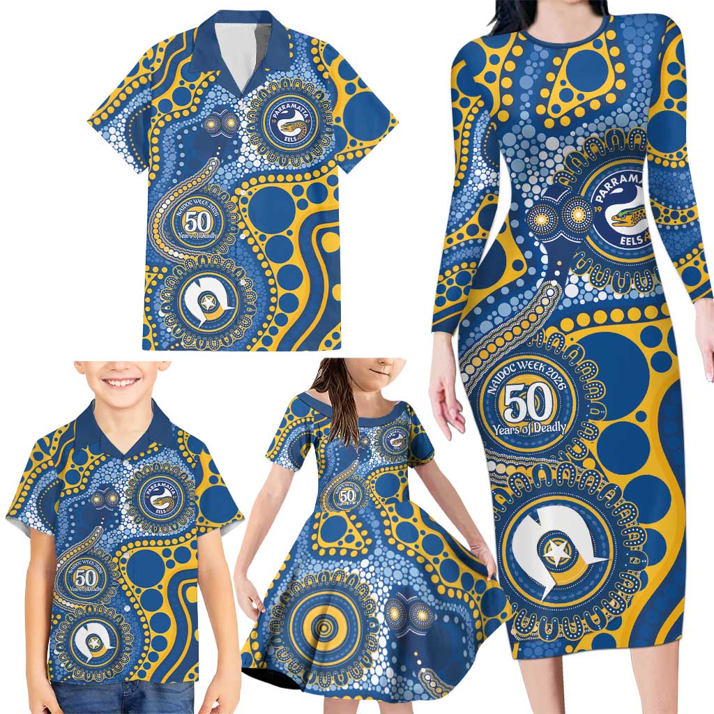 Eels NAIDOC Week 2026 Personalised Family Matching Long Sleeve Bodycon Dress and Hawaiian Shirt 50 Years of Deadly Aboriginal Art