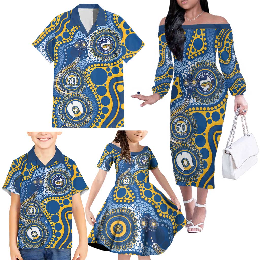 Eels NAIDOC Week 2026 Personalised Family Matching Off The Shoulder Long Sleeve Dress and Hawaiian Shirt 50 Years of Deadly Aboriginal Art