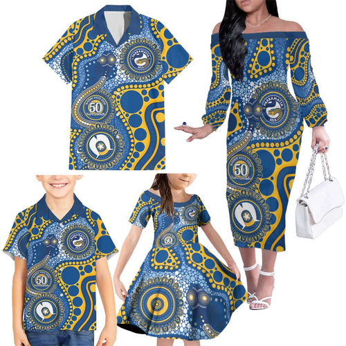 Eels NAIDOC Week 2026 Personalised Family Matching Off The Shoulder Long Sleeve Dress and Hawaiian Shirt 50 Years of Deadly Aboriginal Art