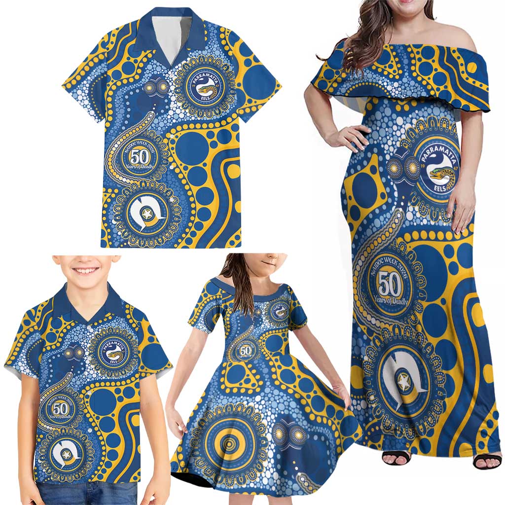 Eels NAIDOC Week 2026 Personalised Family Matching Off Shoulder Maxi Dress and Hawaiian Shirt 50 Years of Deadly Aboriginal Art