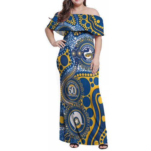 Eels NAIDOC Week 2026 Personalised Family Matching Off Shoulder Maxi Dress and Hawaiian Shirt 50 Years of Deadly Aboriginal Art