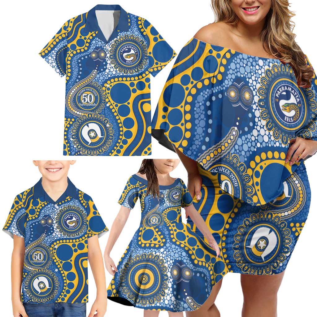 Eels NAIDOC Week 2026 Personalised Family Matching Off Shoulder Short Dress and Hawaiian Shirt 50 Years of Deadly Aboriginal Art