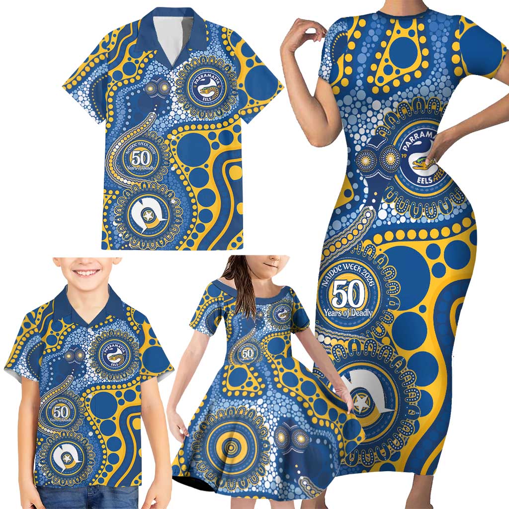 Eels NAIDOC Week 2026 Personalised Family Matching Short Sleeve Bodycon Dress and Hawaiian Shirt 50 Years of Deadly Aboriginal Art