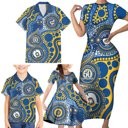 Eels NAIDOC Week 2026 Personalised Family Matching Short Sleeve Bodycon Dress and Hawaiian Shirt 50 Years of Deadly Aboriginal Art