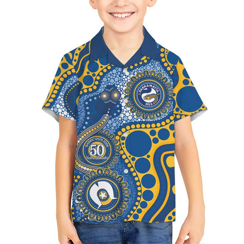 Eels NAIDOC Week 2026 Personalised Kid Hawaiian Shirt 50 Years of Deadly Aboriginal Art