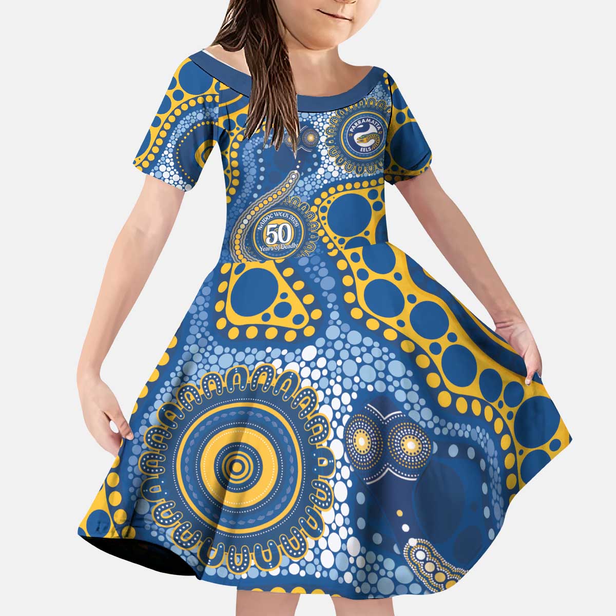 Eels NAIDOC Week 2026 Personalised Kid Short Sleeve Dress 50 Years of Deadly Aboriginal Art