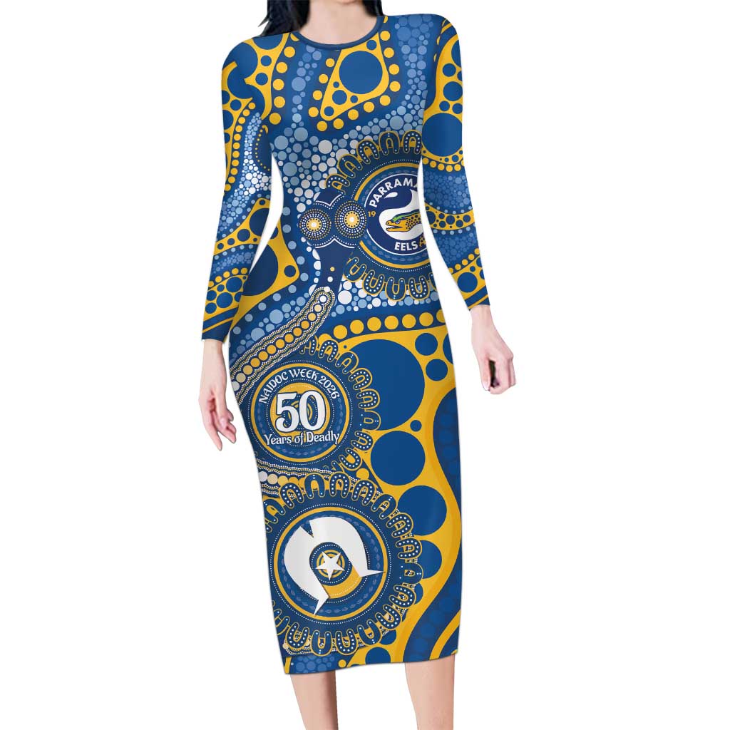 Eels NAIDOC Week 2026 Personalised Long Sleeve Bodycon Dress 50 Years of Deadly Aboriginal Art