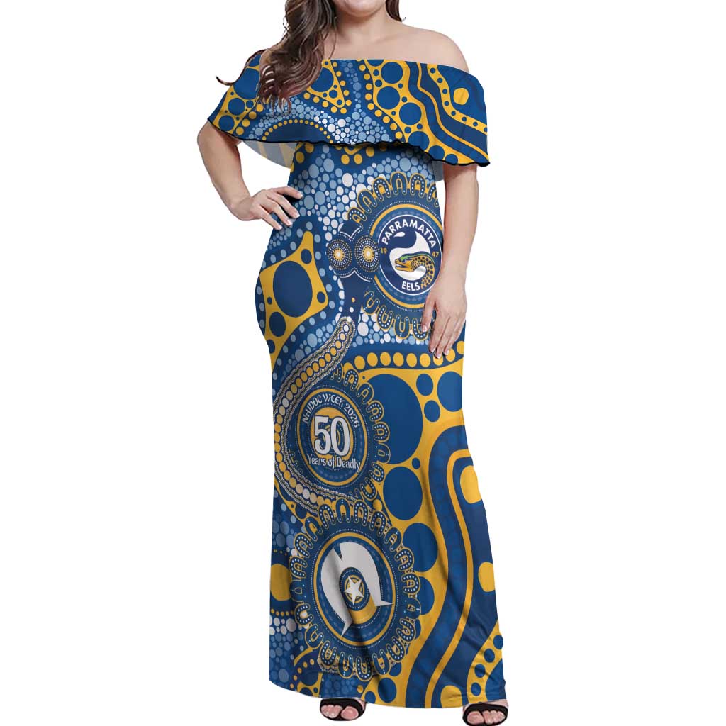 Eels NAIDOC Week 2026 Personalised Off Shoulder Maxi Dress 50 Years of Deadly Aboriginal Art