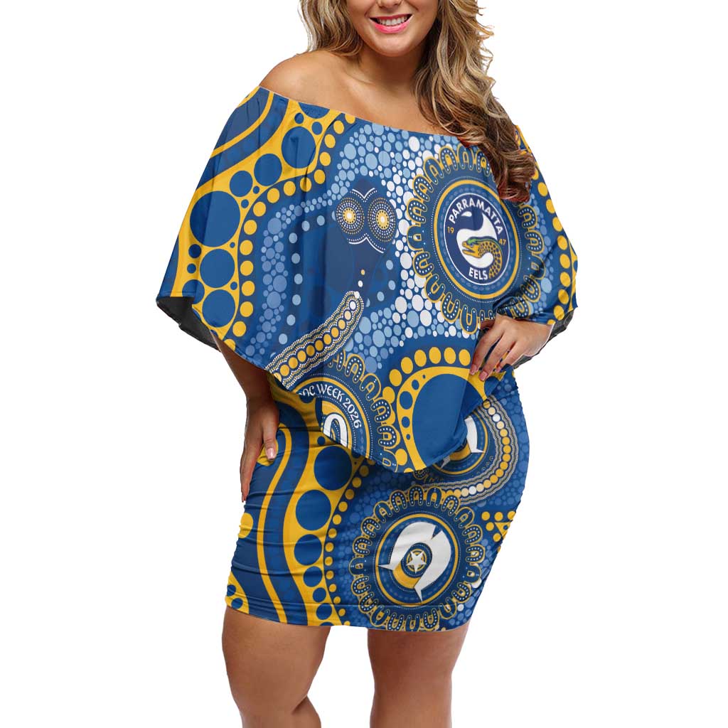 Eels NAIDOC Week 2026 Personalised Off Shoulder Short Dress 50 Years of Deadly Aboriginal Art