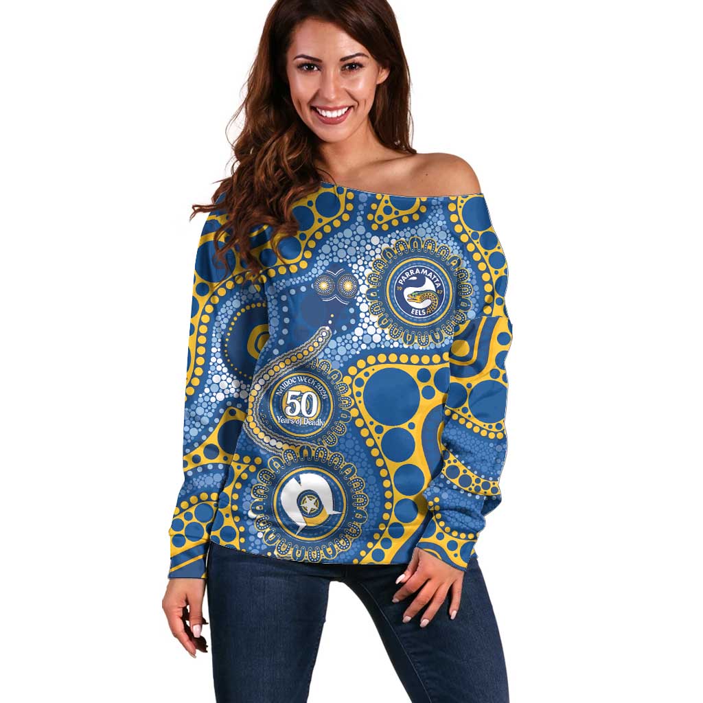 Eels NAIDOC Week 2026 Personalised Off Shoulder Sweater 50 Years of Deadly Aboriginal Art