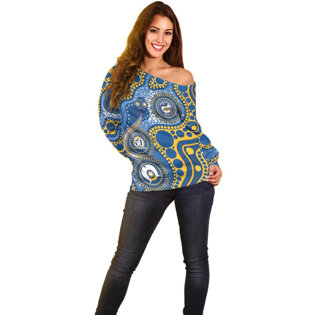 Eels NAIDOC Week 2026 Personalised Off Shoulder Sweater 50 Years of Deadly Aboriginal Art