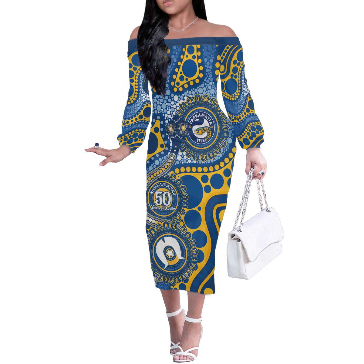Eels NAIDOC Week 2026 Personalised Off The Shoulder Long Sleeve Dress 50 Years of Deadly Aboriginal Art