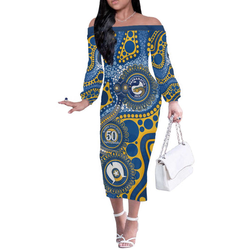Eels NAIDOC Week 2026 Personalised Off The Shoulder Long Sleeve Dress 50 Years of Deadly Aboriginal Art