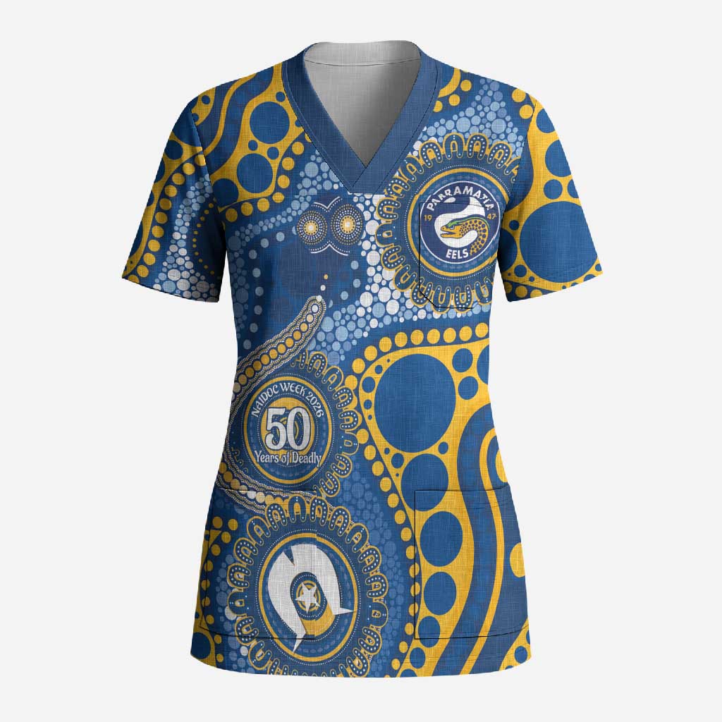 Eels NAIDOC Week 2026 Personalised Scrub Top 50 Years of Deadly Aboriginal Art