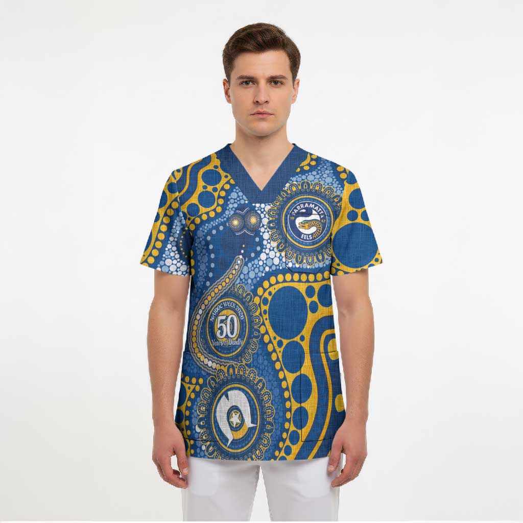Eels NAIDOC Week 2026 Personalised Scrub Top 50 Years of Deadly Aboriginal Art