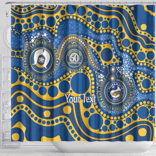 Eels NAIDOC Week 2026 Personalised Shower Curtain 50 Years of Deadly Aboriginal Art